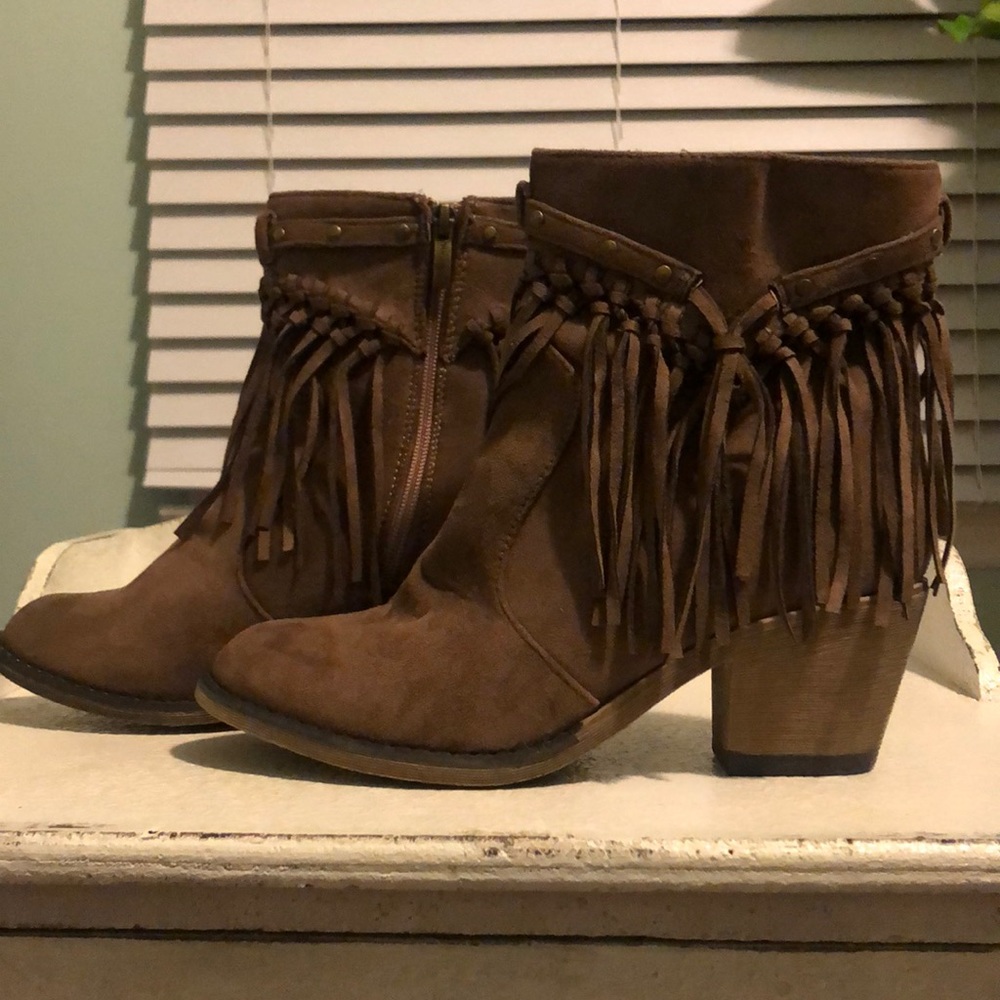 Brown fringe vegan faux suede western booties